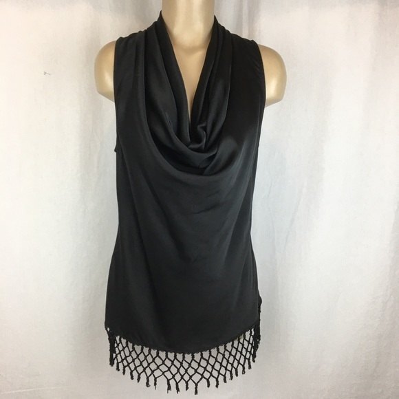 Boston Proper Black Marilyn Drape Crochet Fringe Hem Sleeveless Top 10 - Picture 6 of 9
